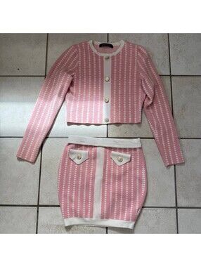 Vintage Y2K Calyne Steer Pink Knit Cardigan & Skirt Set Women Small